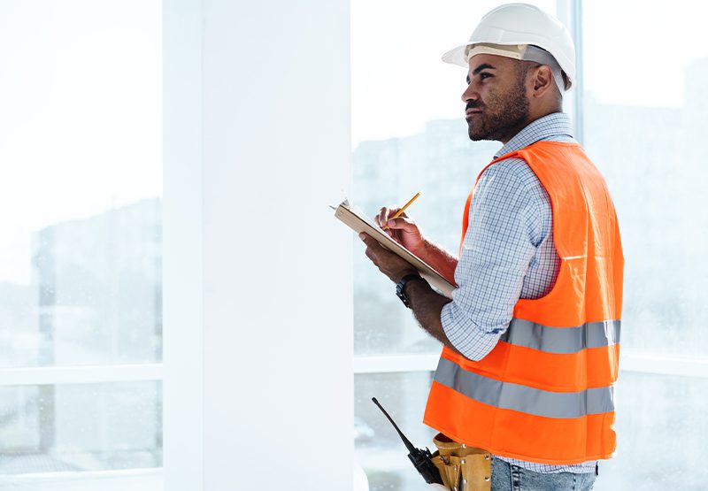 A foreman checks on a construction site after a construction dispute, looking for violations of construction law.
